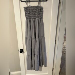 Gingham smocked tie shoulder maxi dress